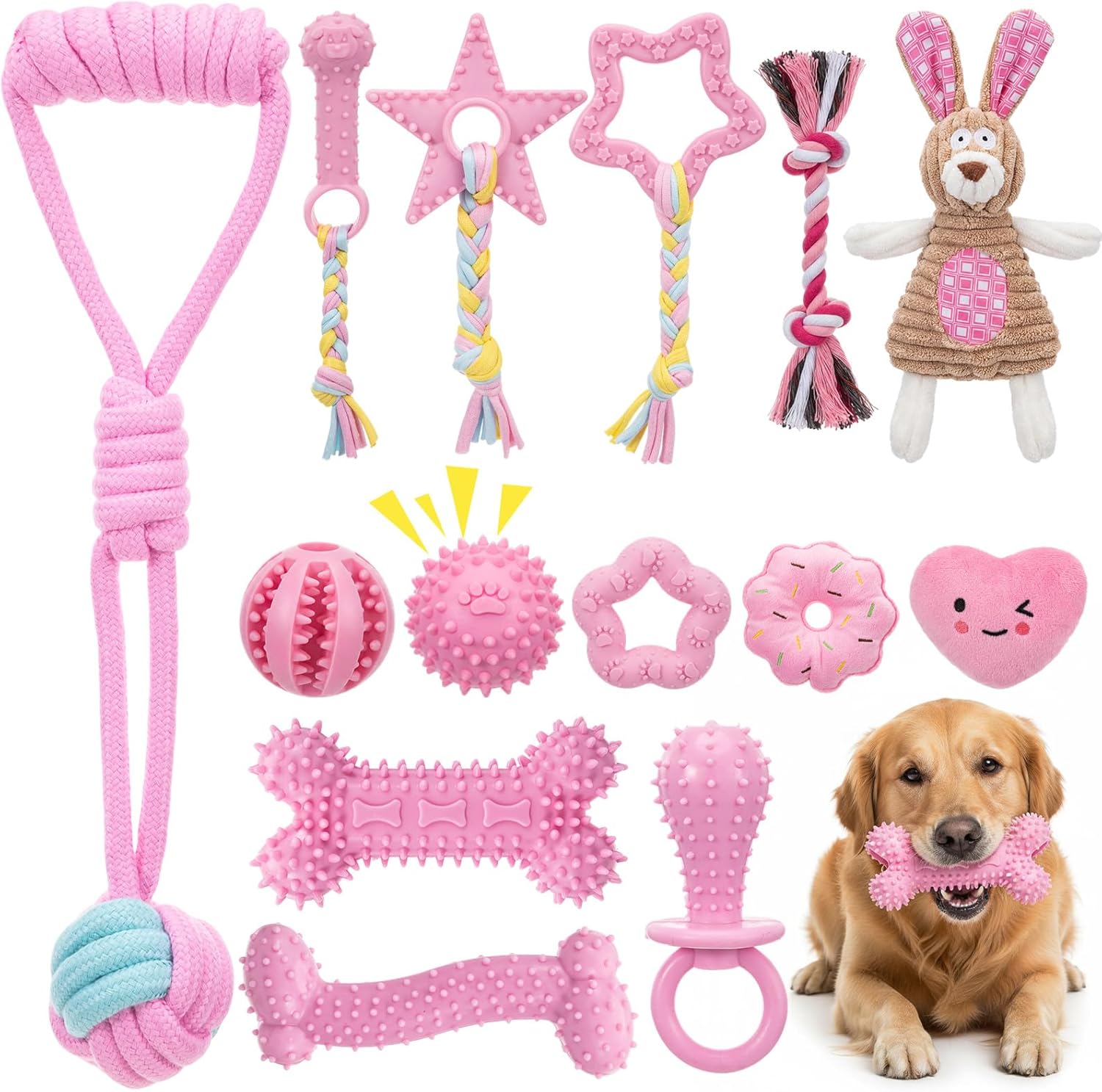 Leitee 14 Pcs Puppy Toys for Teething Dog Chew Toys for Small Dogs Soft Interactive Squeaky Plush Balls Doggy Teeth Tug of War and Rope for Small Dogs Puppy (Classic,Pink)
