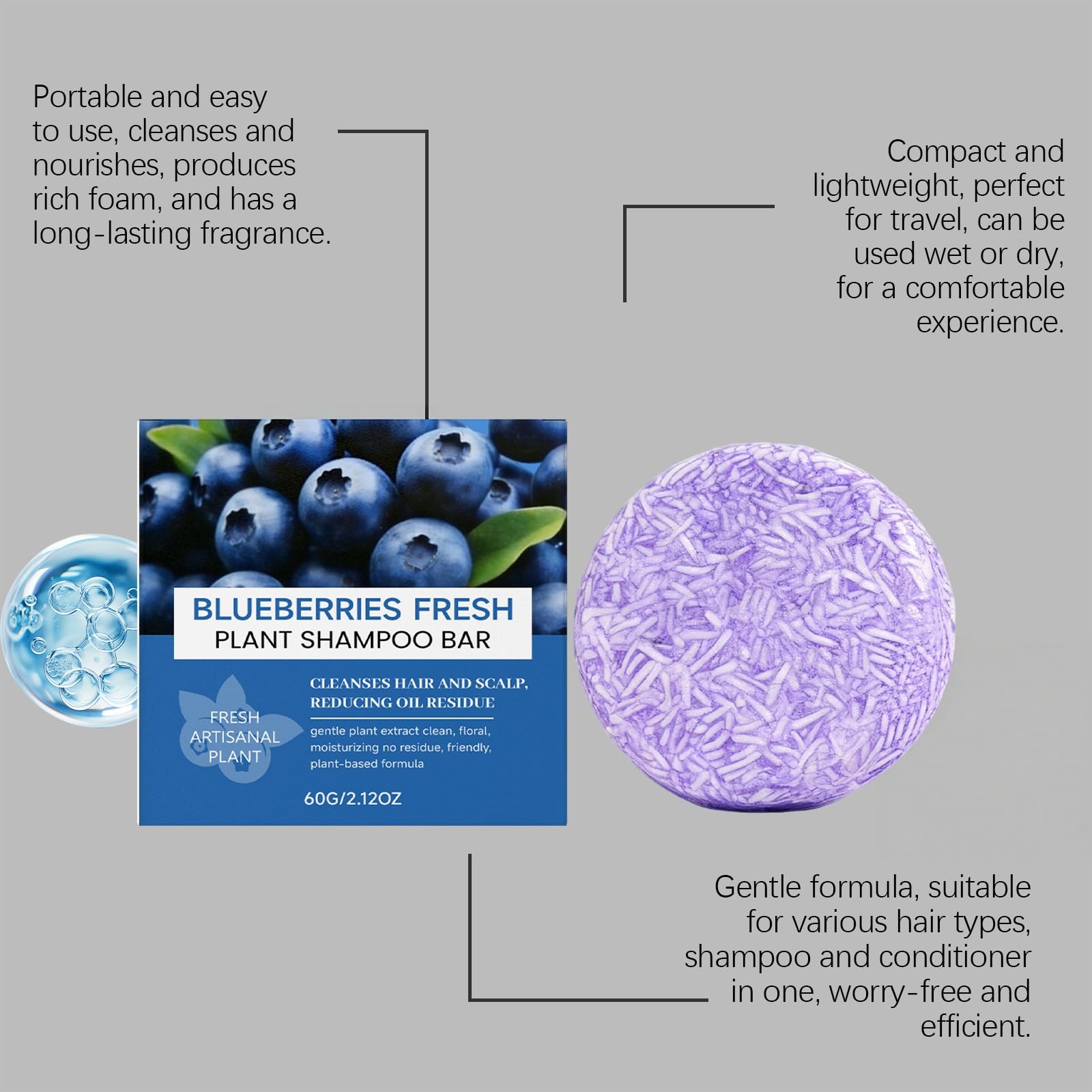 Blueberry Shampoo und Conditioner Bar mit Schaumbeuteln,Smooth Hair (6pcs)