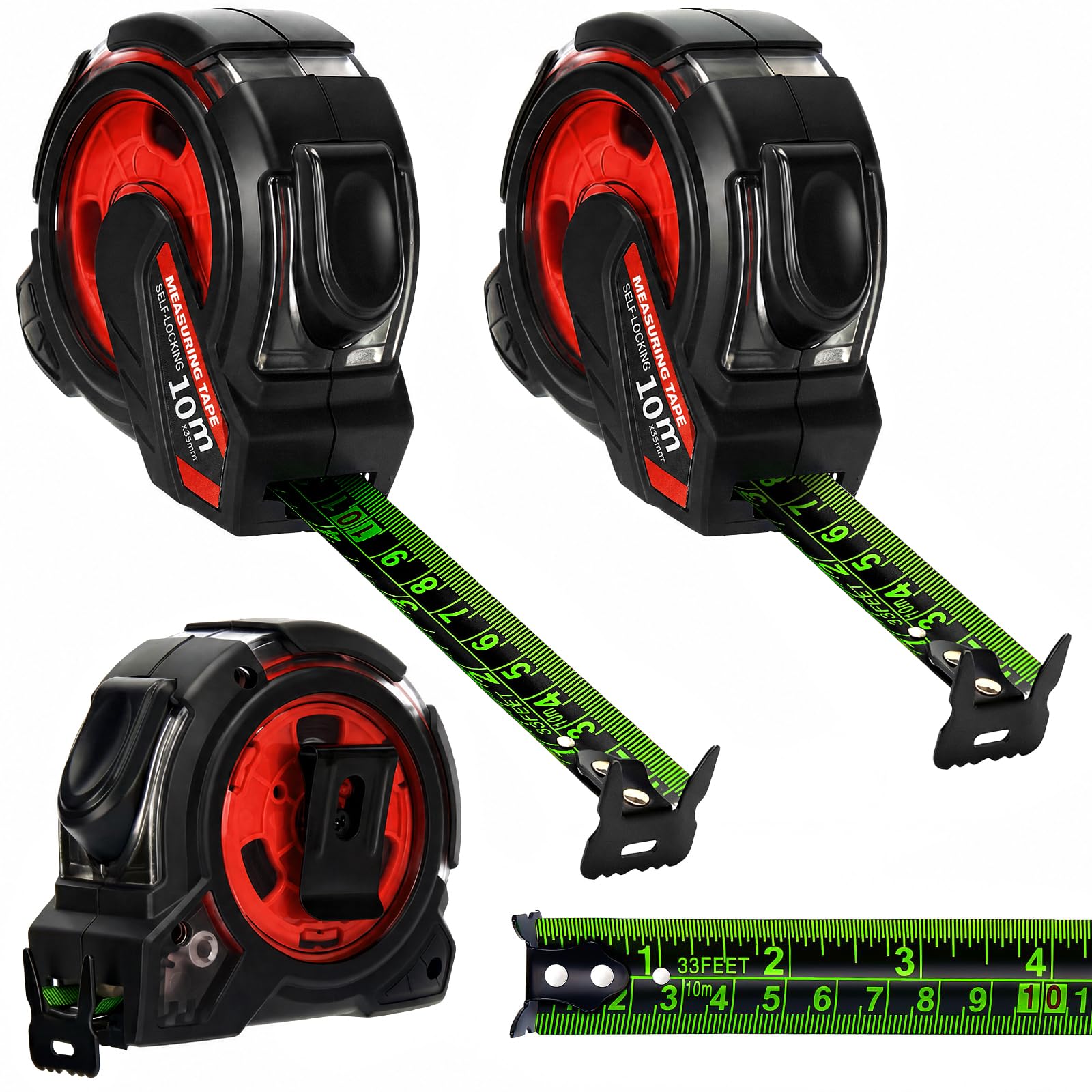 2 Pack 10M/32.8ft Fluorescent Tape Measure, Width 25mm Waterproof Tape Measure, Stainless Steel Retractable Tape Measuring, Double Sided Graduated, Easy To Read Self-Lock Measuring,Red