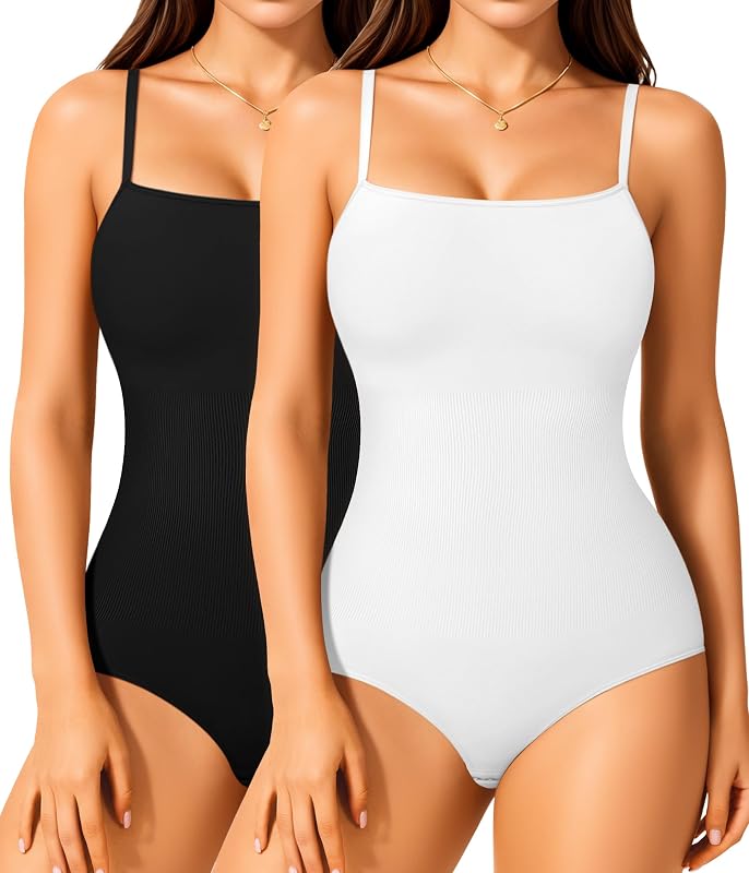 Irisnaya 2-Pack Shapewear Bodysuits for Women Tummy Control Body Suit | Two colors and a square neckline suit work or nights out. Adjustable straps and a hook-and-eye gusset add convenience.
