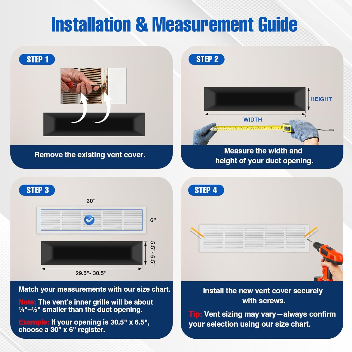 Fancat 30"W x 6"H Return Air Grille [Duct Opening Size], Steel HVAC Return Air Vent Cover for Wall & Ceiling, White Powder-Coated Rust-Resistant AC Cold Air Return, Outer Dimensions 31.75"W x 7.75"H