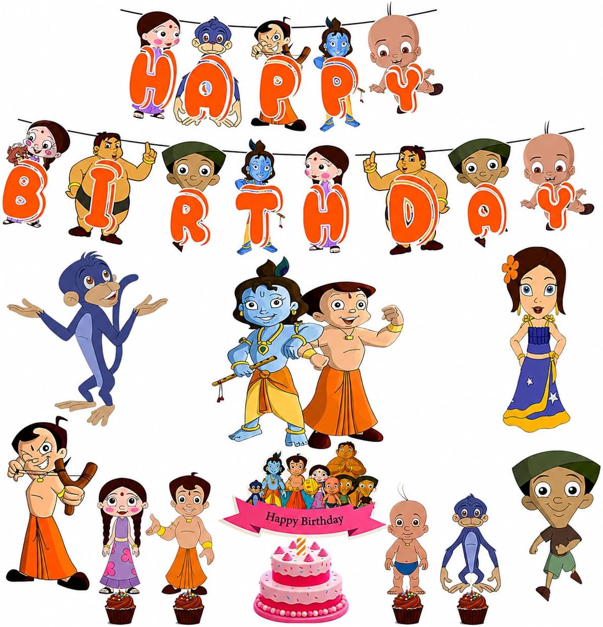Partyjoy Birthday Decoration Chota Bheem theme for Kids | Happy Birthday Banner, Cake Topper, Cupcake Toppers & Character Cutouts | Boys Cartoon Party Supplies (Multicolor balloons)