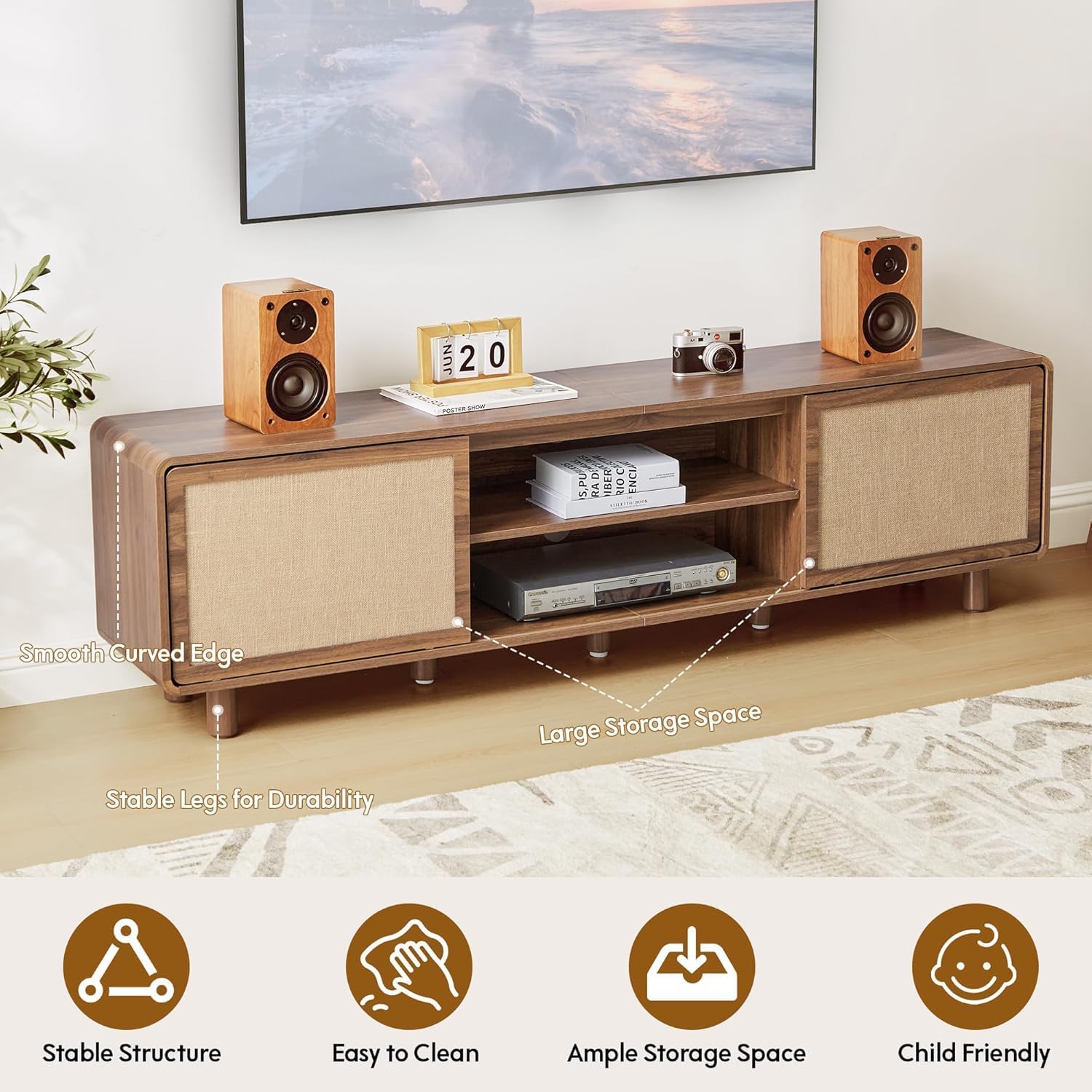 AVZEAR 70'' Mid Century Modern TV Stand for TVs up to 80 Inch, Farmhouse Entertainment Center with Storage & Nature Linen Door, Curved Edge Large TV Console Table Media Console for Living Room, Walnut