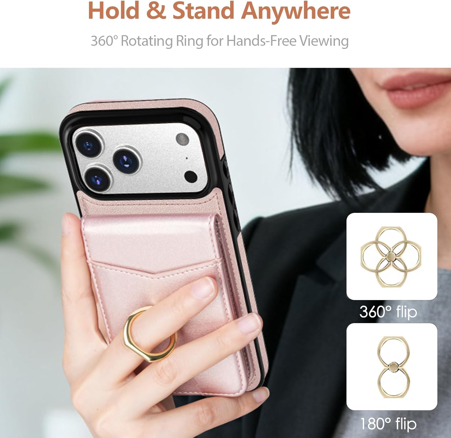LOHASIC for iPhone 17 Pro Wallet Case with Ring Holder, 5 Card Slots & RFID Blocking, PU Leather Vertical Flip Case with Kickstand, Finger Ring Grip Card Holder 6.3" Cover for Women Men, Rose Gold