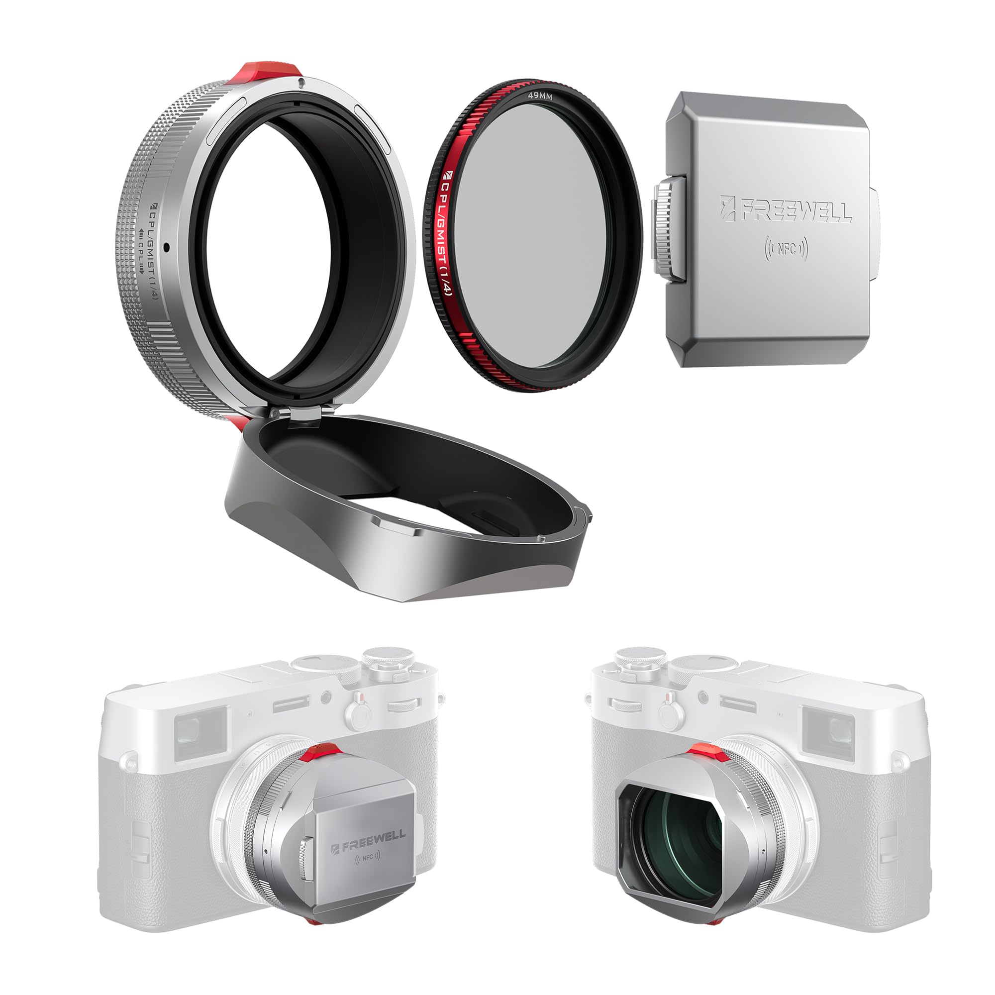 Freewell The Real Lens Hood - Hybrid CPL/Mist Filter, Flipable, Touchless Filter Operation for Fuji X100VI, X100V, X100 Series (Silver)