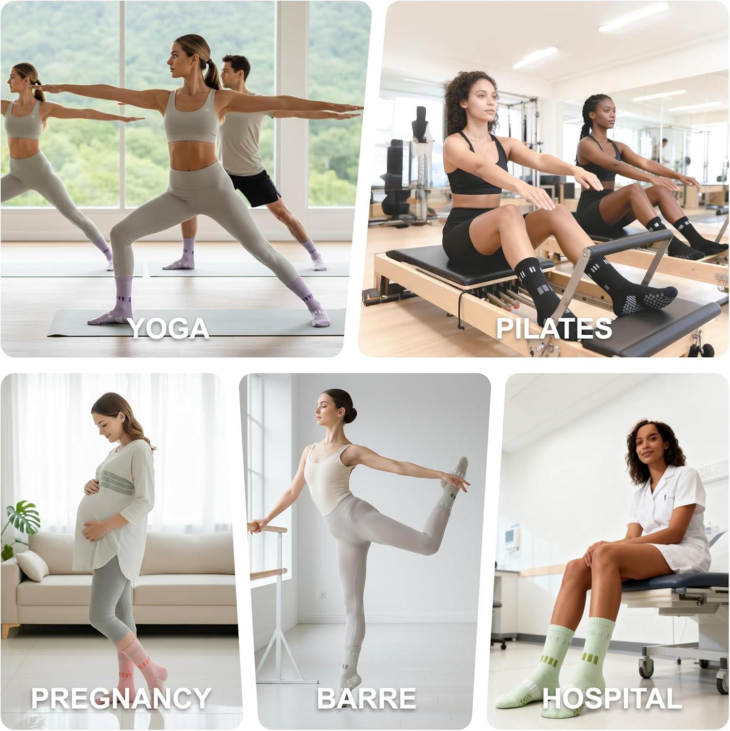 4 Pairs Non-Slip Pilates Socks for Women,Yoga Socks with grips,Crew Grippy Socks