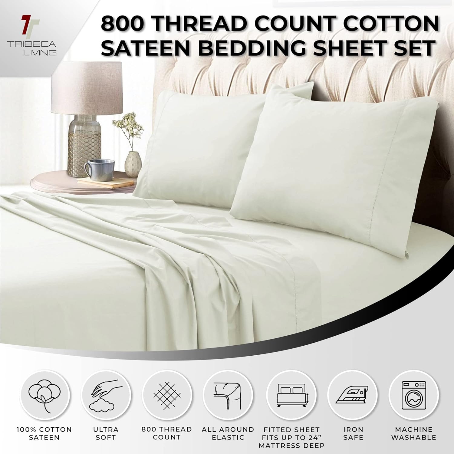 Tribeca Living King Bed Sheet Set, Soft Egyptian Cotton Sateen Solid Sheets and Pillowcase Set, Extra Deep Pocket, 800 Thread Count, 4-Piece Luxury Bedding, Ivory