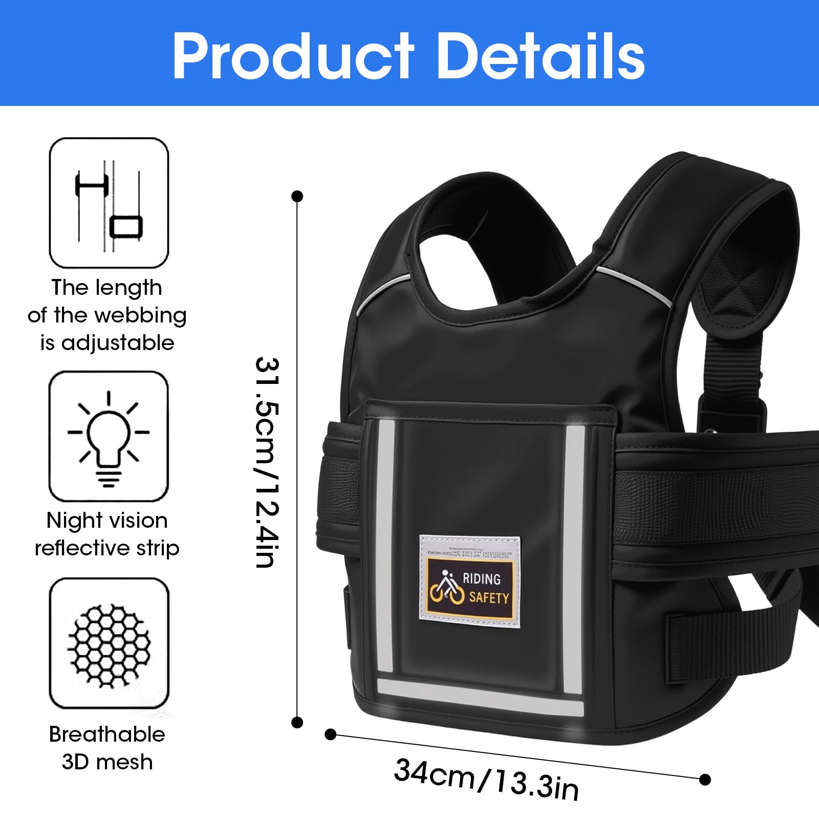 Harnais de Sécurité Moto Enfant Réglable avec Sac & Bandes Réfléchissantes, Ceinture Protection Moto Enfant Ajustable 2-15 Ans, Harnais Antichute pour Moto et Vélo Électrique