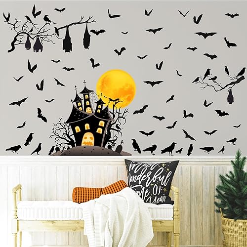 Miniatura 7 de Calcomanías de pared de murciélago de Halloween, ramas de árbol, calcomanías de pared extraíbles para Halloween, castillo, luna, murciélago,