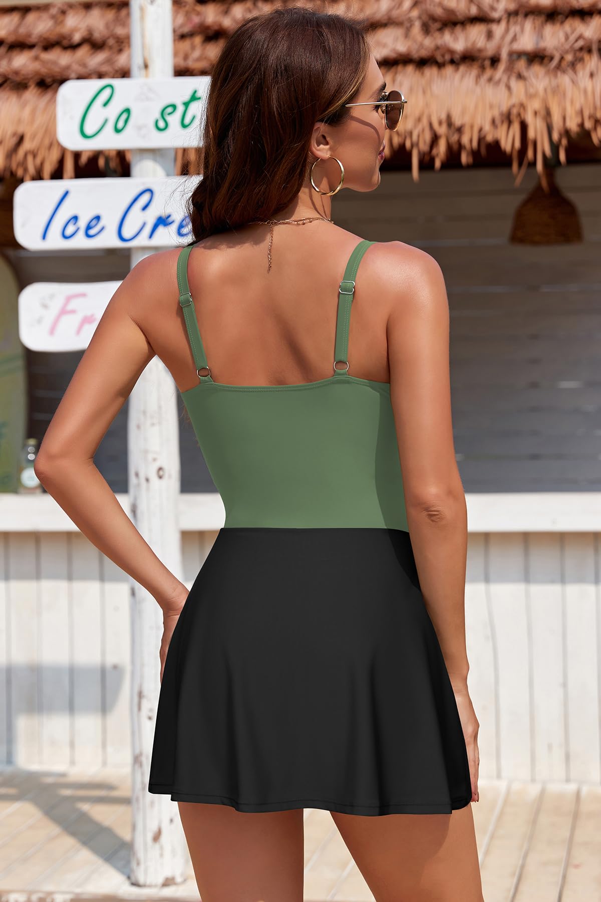 SHEKINI Traje de Baño para Mujer de Una Pieza Plisado con Aro de Metal Traje de Baño con Falda con Abertura