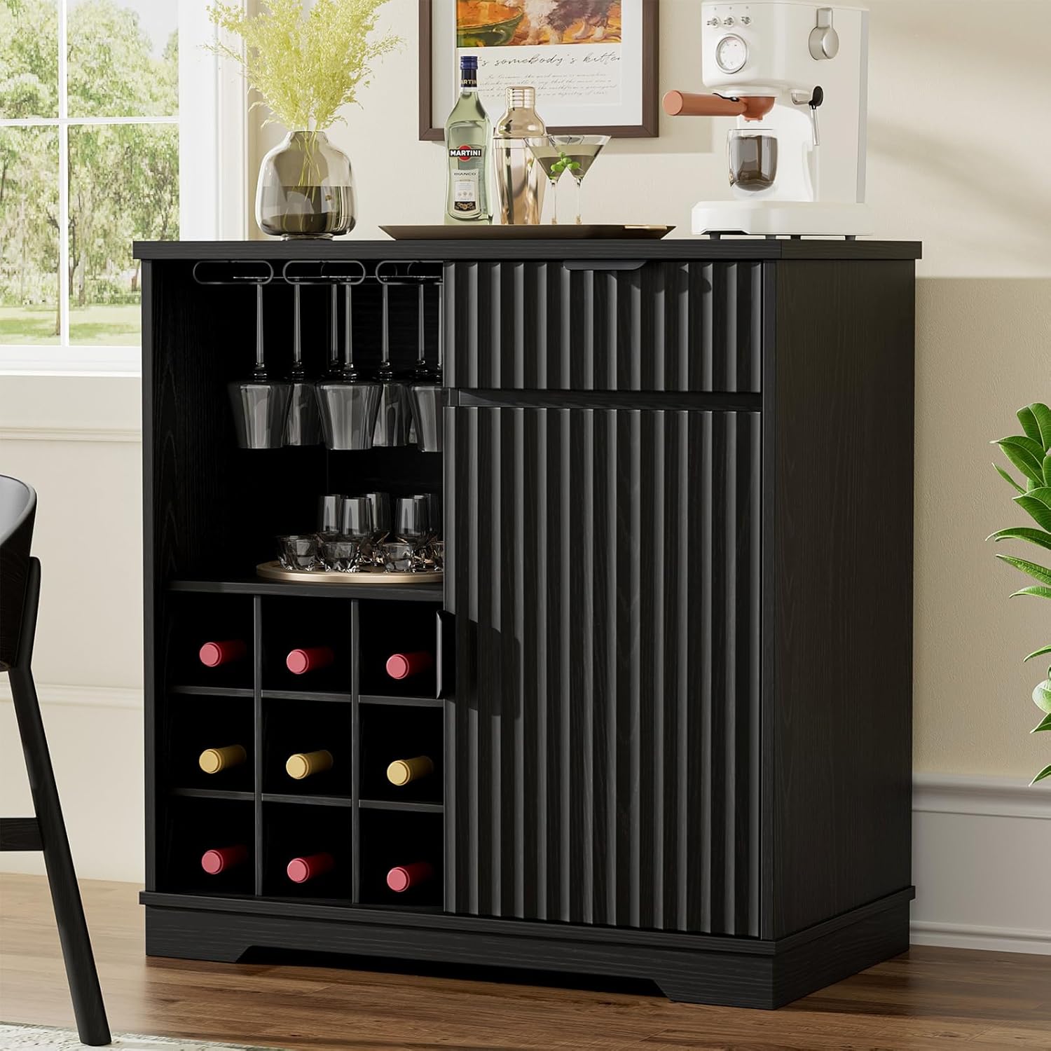 Aauro Home Fluted Coffee Bar Cabinet with Wine Rack, Glass Holder & Storage - Modern Black Liquor Sideboard for Kitchen, Living Room