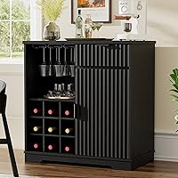 Aauro Home Fluted Coffee Bar Cabinet with Wine Rack, Glass Holder & Storage - Modern Black Liquor Sideboard for Kitchen, Living Room