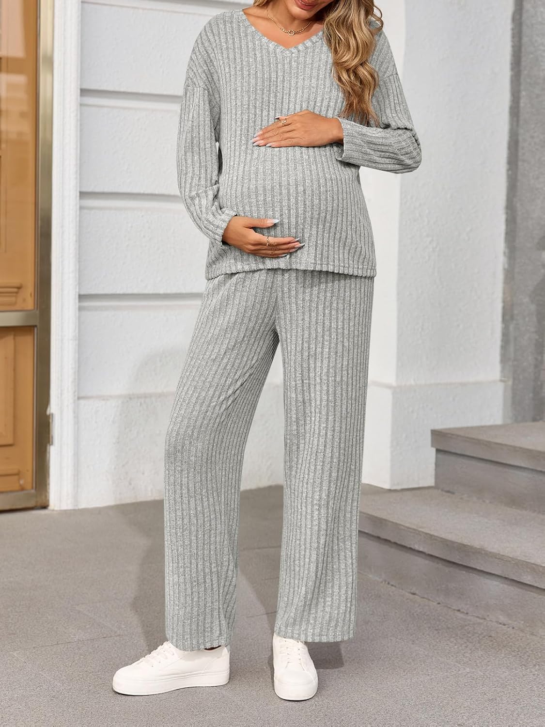 Yousify Womens Maternity Pajamas Sets 2 Piece Outfits Ribbed V Neck Long Sleeve Knit Tops Pants Pregnancy Loungewear