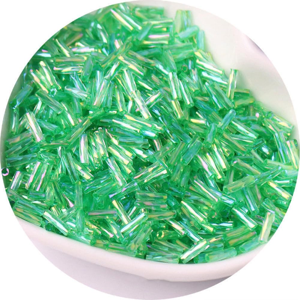 2 Packs 720pcs Iridescent Glass Twisted Bugle Beads 2x6mm Tube Loose Spacer Beads for Craft DIY Beading, Green