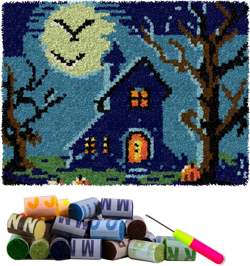 DL-YTG Latch Hook Kits Rug Halloween Crochet Yarn Cushion Colour Pre-Printed Canvas Cover Rug Needlework DIY Hook and Latch Kit Home Decoration 52x38cm/20 X15inch