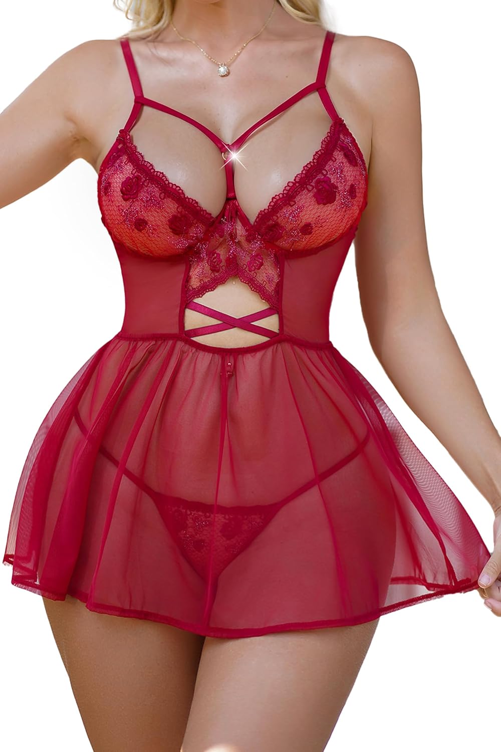 Red Lace Chemise for Women See Through Lingerie Sexy Mini Babydoll Sheer Floral Nightgown Robe Negligee