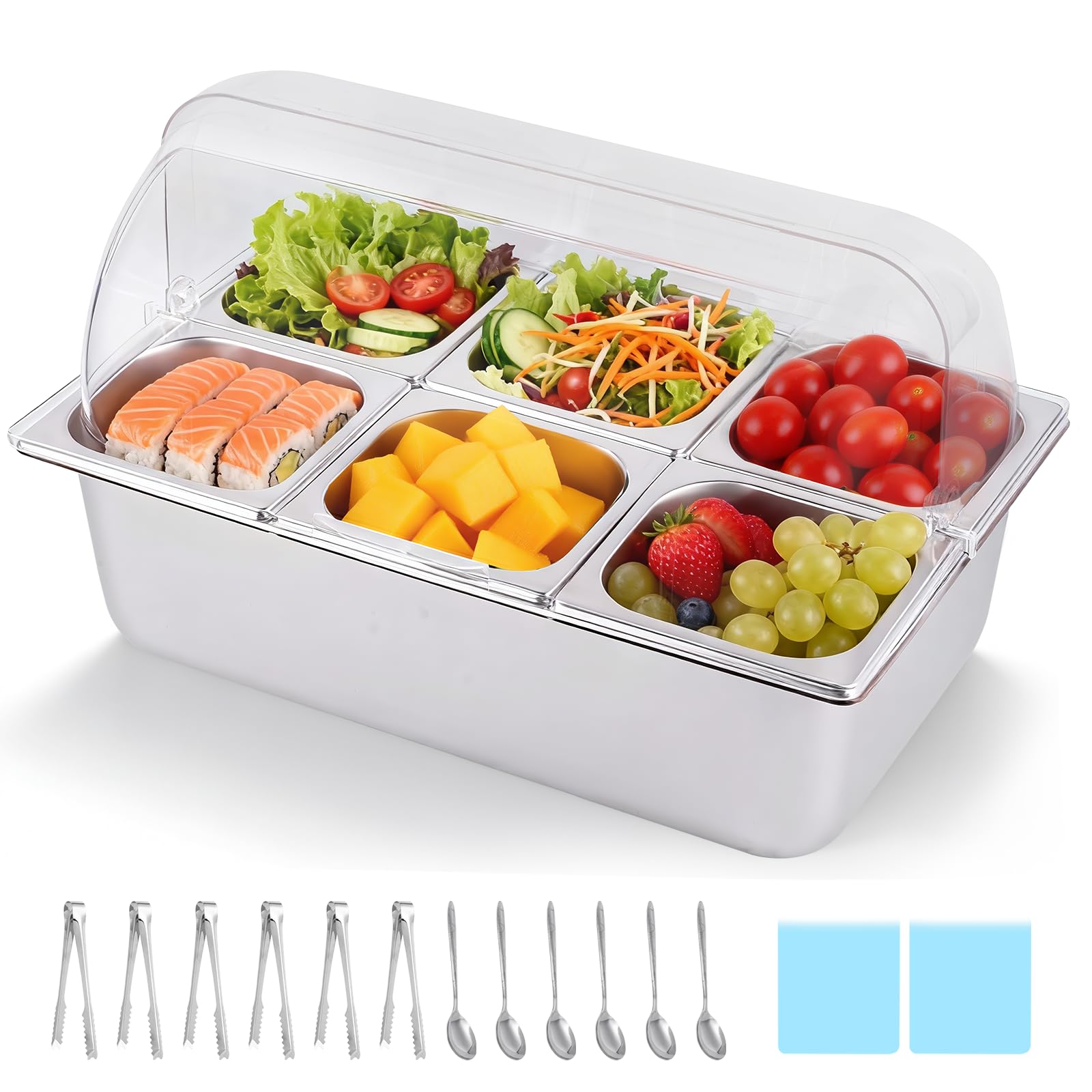 Dispensador de salsa de alimentos con estante de caja inferior de hielo, contenedores de acero inoxidable con cubierta superior enrollable, organizador de condimentos de ensalada (A)