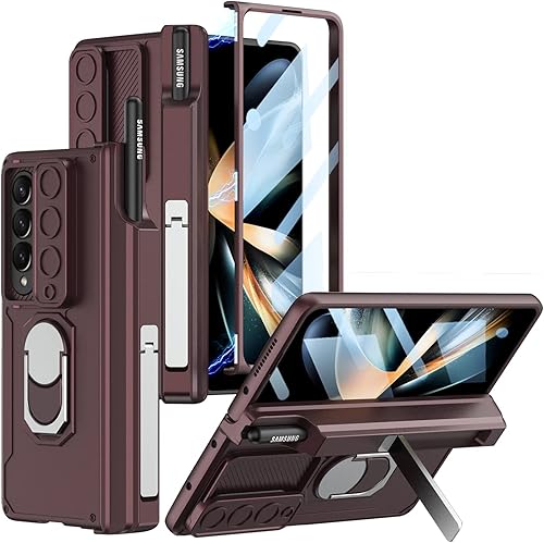 Funda para Samsung Galaxy Z Fold 4 con soporte para S Pen (protección de bisagra), soporte magnético de anillo de 360, cubierta de cámara