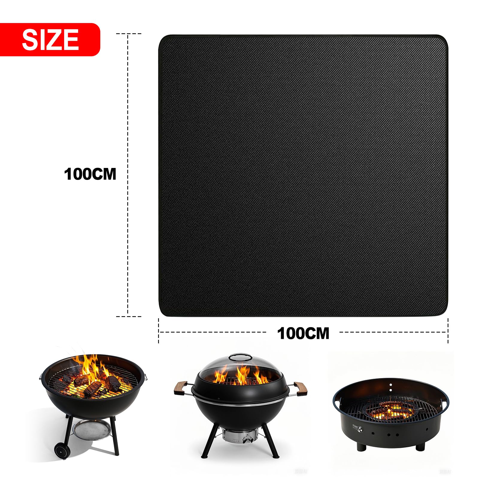 Tapis de brasero carré double face ignifuge résistant à la chaleur imperméable 100 x 100 cm noir