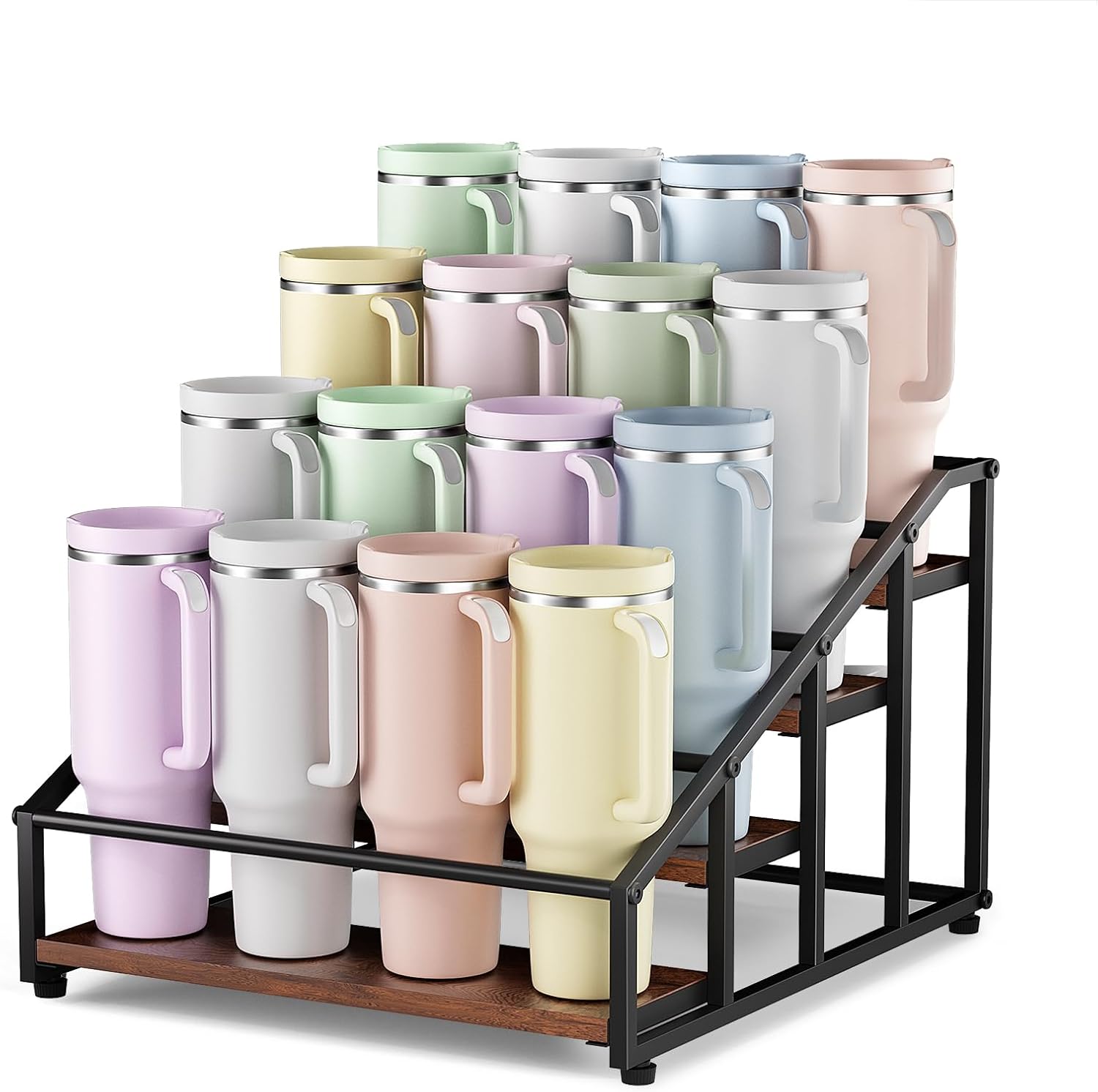 MOJOHAND 4-Tier Stanley Tumbler Organizer, Holds 16 Stanley 40 oz Tumblers & Water Bottles,Fits All Kinds of Bottles, Organizes Pantry, Kitchen, or as a Wine Rack