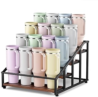 MOJOHAND 4-Tier Stanley Cup Organizer for 16 Tumblers, Natural Wood