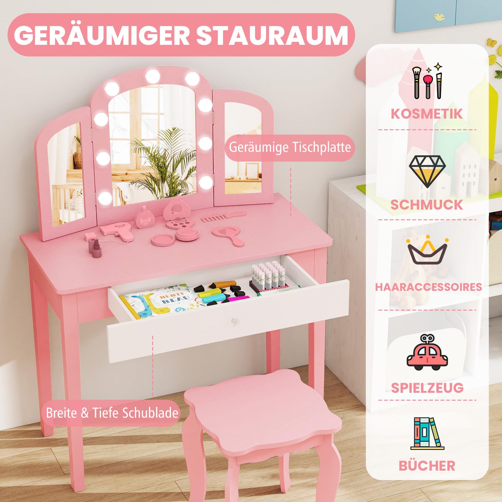 COSTWAY 2 in 1 Kinder Schminktisch mit Beleuchtung, Frisiertisch mit Schublade, klappbarem & 3 farbigem Spiegel, Prinzessinnen Kosmetiktisch mit Hocker, Schminkkommode für Mädchen ab 3 Jahren (Rosa)