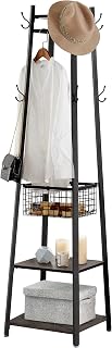 VECELO Coat Rack Freestanding,Hall Tree with Metal Basket and Storage Shelves,Industrial Coat Rack Stand with 8 Hooks for Hanging Coats/Hats/Bags/Umbrellas,18 x 18 x 72 In,Walnut Brown