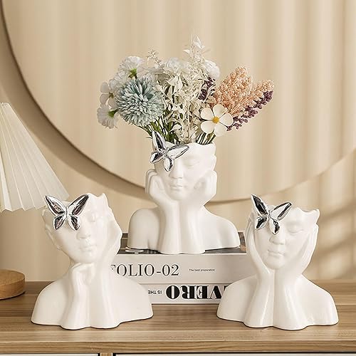 Miniatura 3 de Jarrón de cerámica blanca para decoración, cabeza de forma humana creativa, medio cuerpo, busto, floreros con mariposa para el hogar, oficina, sala