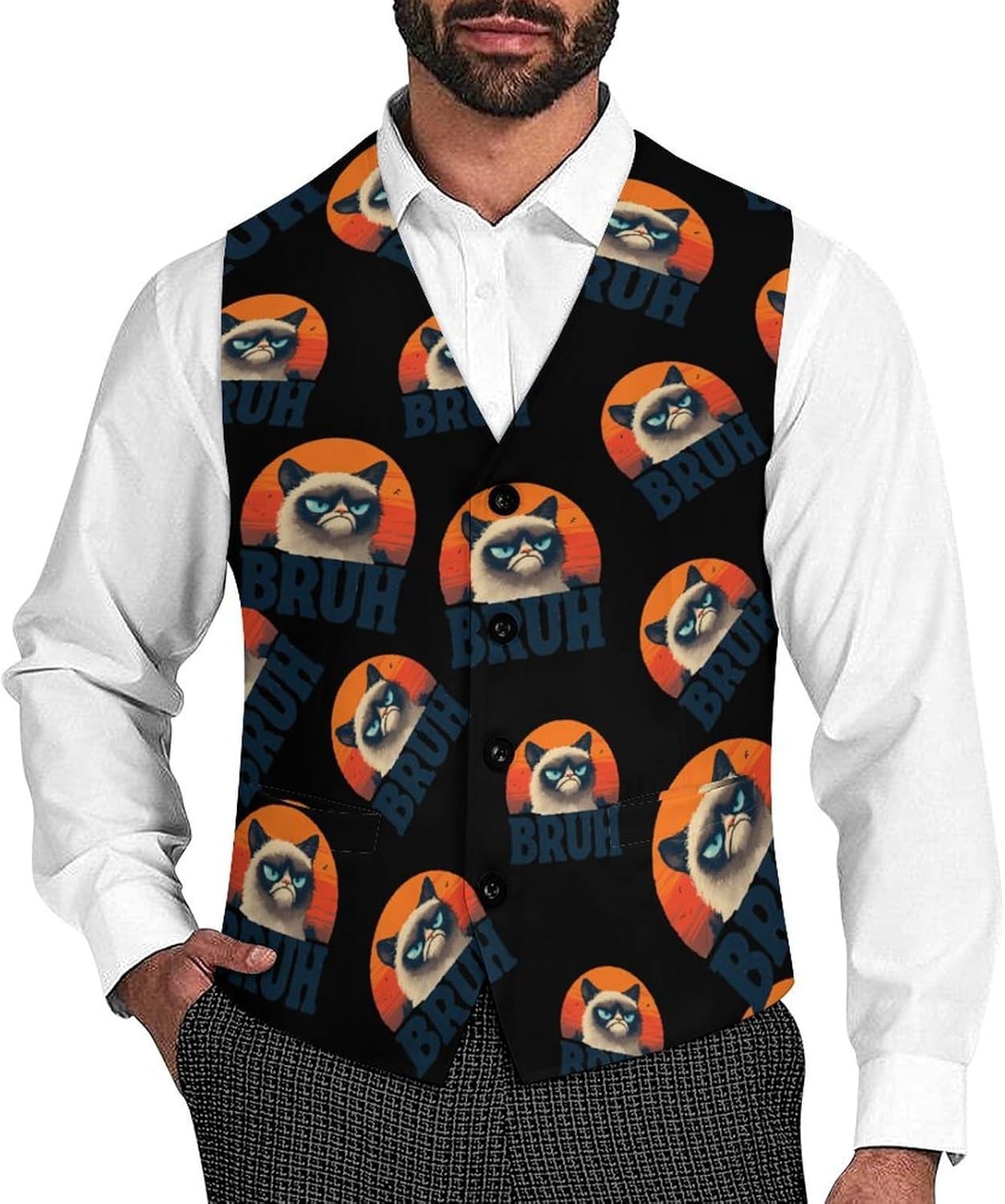 Funny Cat Bruh Meme Saying Siamese Cute Casual Men's Business Suit Vest Slim Fit Formal Dress Waistcoat Vests