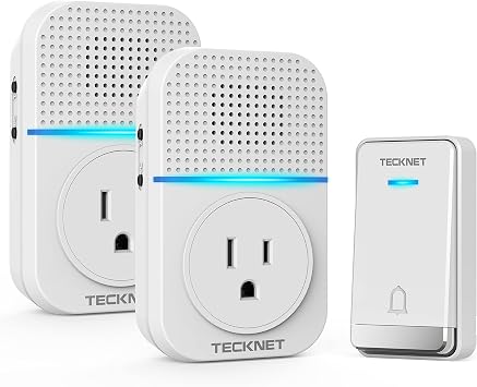 TECKNET Wireless Doorbell, Self-Powered Doorbell, 0-110db Plug-through Wireless Doorbell Ringer for Homes Classroom, IP66 Waterproof 1300ft Door Chime with Extra Socket, 60 Chimes, LED Light White