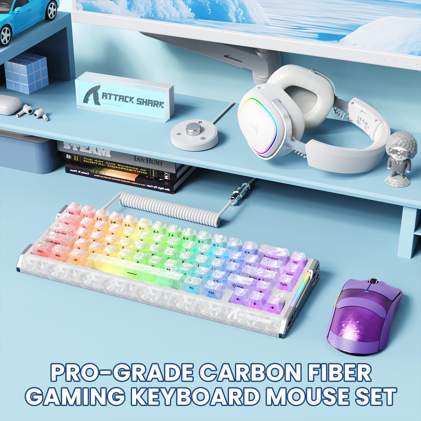 Teclado magnético con Cable para Juegos de 8000Hz con gatillo rápido de Fibra de Carbono, Intercambiable en Caliente; ratón inalámbrico PAW3950 Tri-Mode de 42000DPI y Cable USB-C en Espiral con RGB