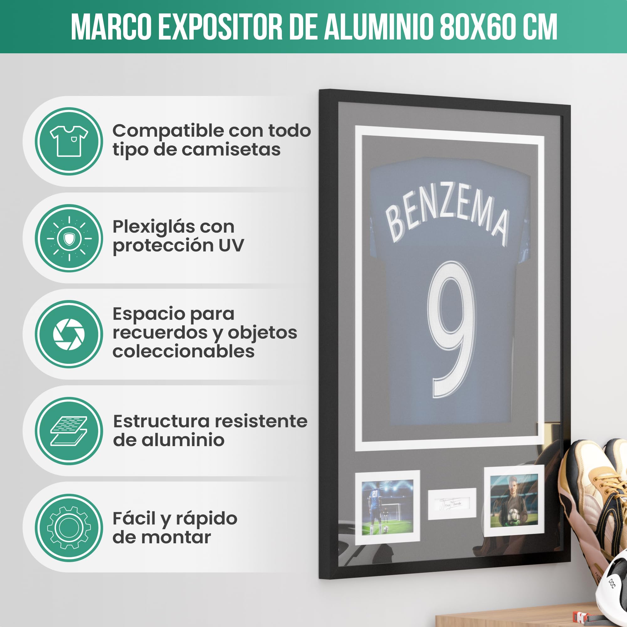 Avalo Marco de objetos de aluminio – Camiseta de fútbol – Marco 3D Box Frame – 60 x 80 cm – Negro