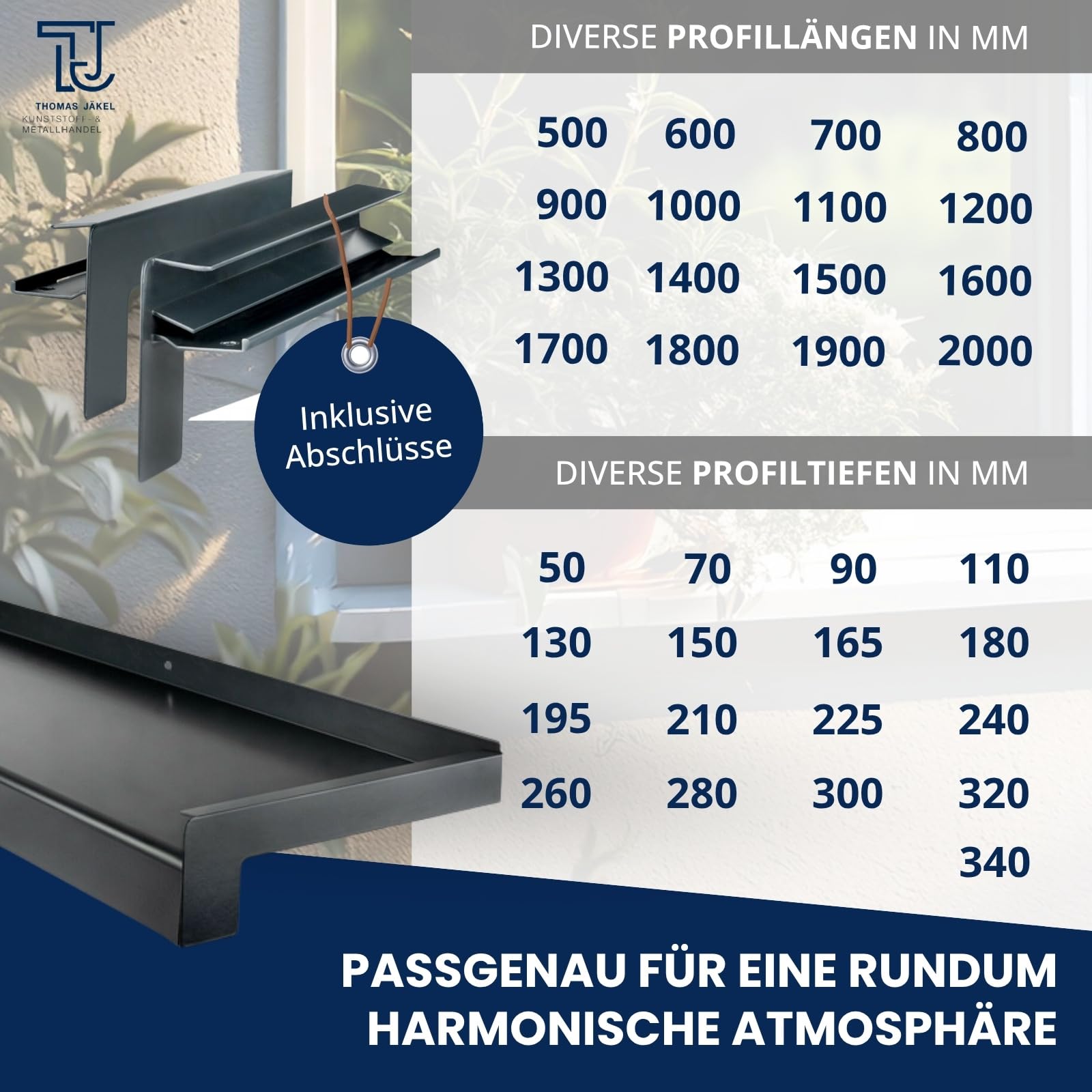 TJ Fensterbank Außen I 210 mm x 1100 mm I Anthrazit RAL 7016 I Aluminium Fensterbrett mit Seitenabschluss I pflegeleichter & langlebiger Alu Fenstersims I pulverbeschichtete Außenfensterbank