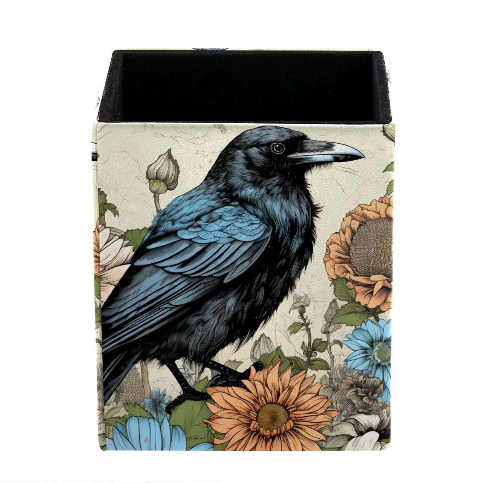 FWJZDSP Pencil Holder Pen Holder for Desk, Raven Floral Vintage Pencil Cup Holder, Desk Stationery Organizer Office Supplies, Makeup Brush Holder for Girls Women