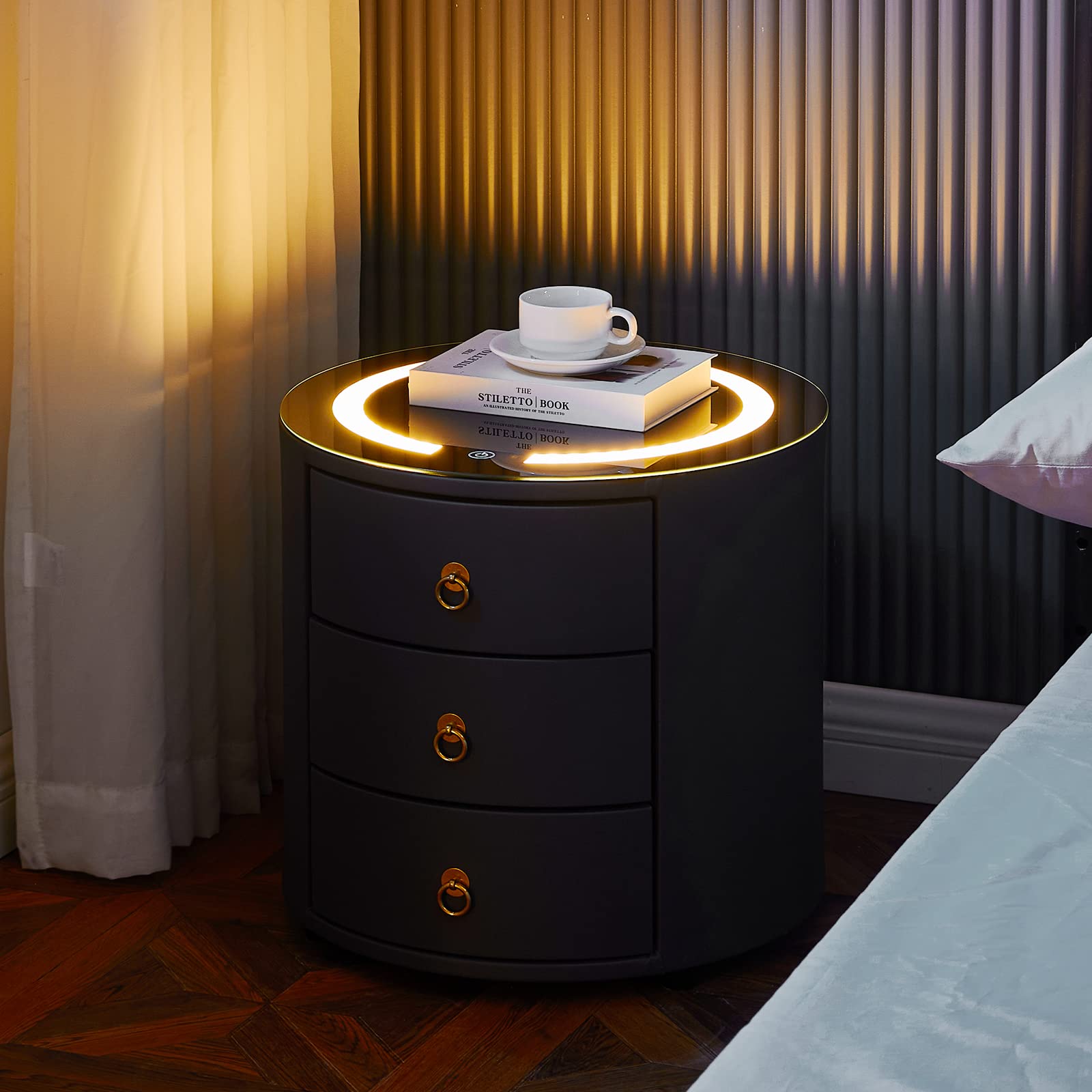 Comodino Rotondo Intelligente con Luce a LED e 3 Cassetti, Comodino in Legno con Rivestimento in Ecopelle con Ricarica Wireless e 3 modalità di Illuminazione, Armadietto per Camera da Letto