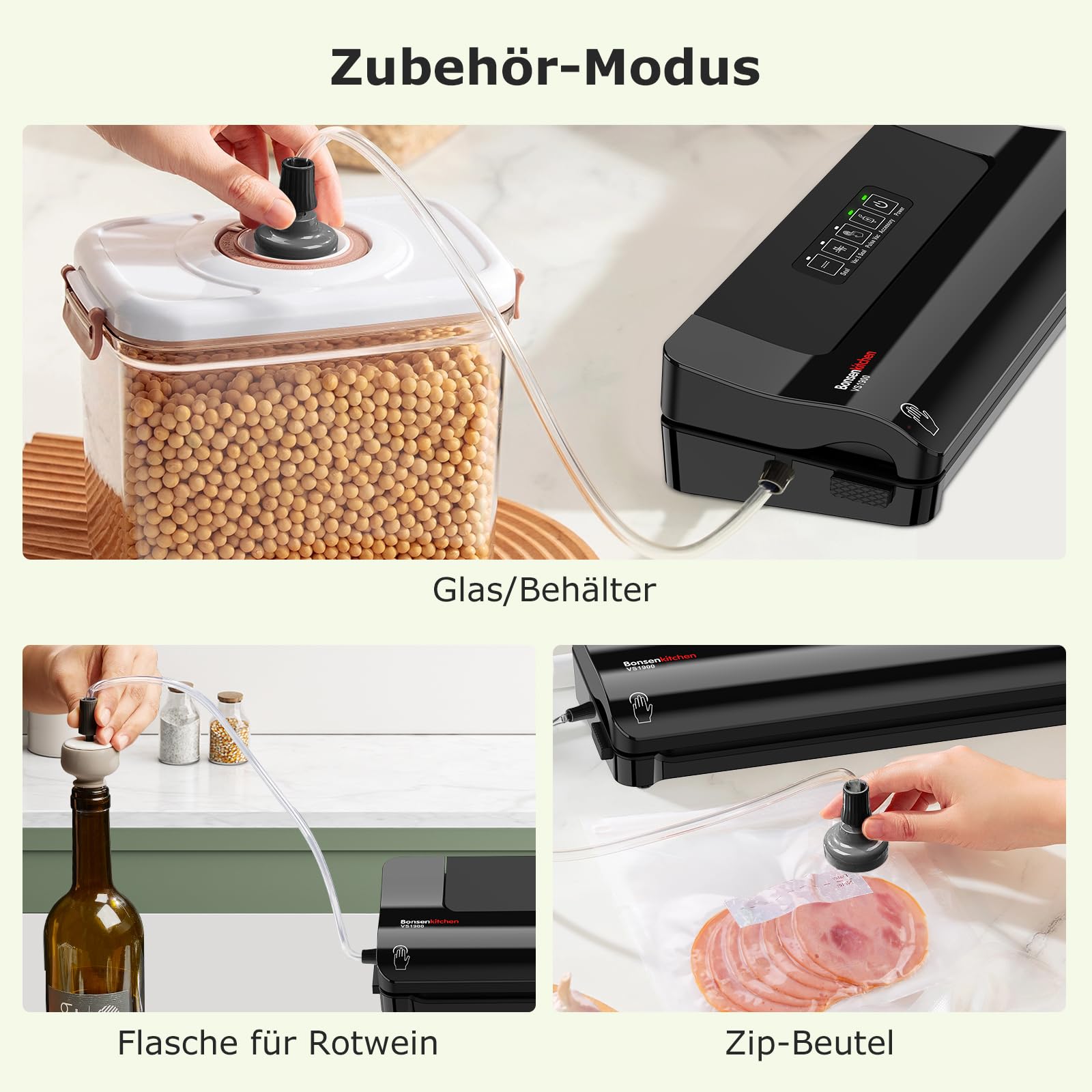 Bonsenkitchen Vakuumiergerät, Vakuumierer für Lebensmittel mit Vakuumbeuteln und Zubehörschlauch Schwarz