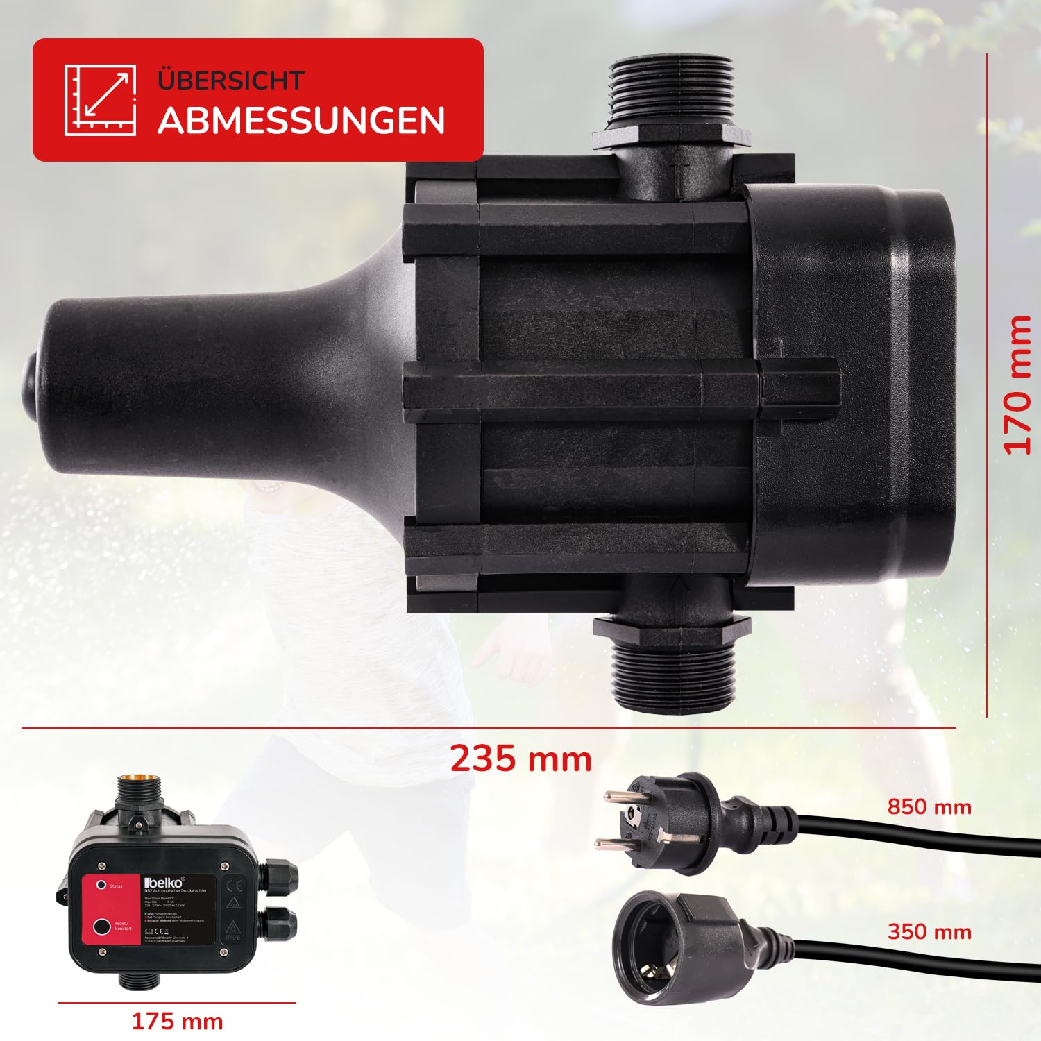 Belko Druckwächter Druckschalter für Wasserpumpen BIS 2,2 kW, mit Kabel bis 10 Bar, Gartenbewässerung elektronische Pumpensteuerung Hauswasserwerk Trockenlaufschutz
