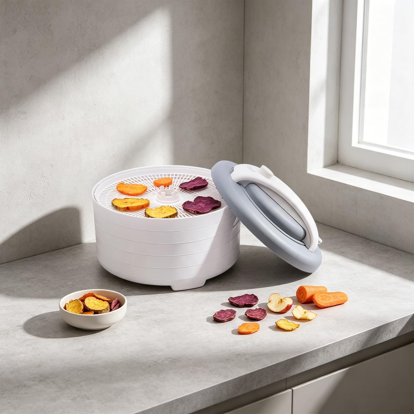 Deshidratador portátil de 450 W, secadora de alimentos con función de recirculación, control de temperatura 35-71 °C, 5 bandejas apilables, sin BPA, para frutas, verduras, hierbas, carne y pescado, 34