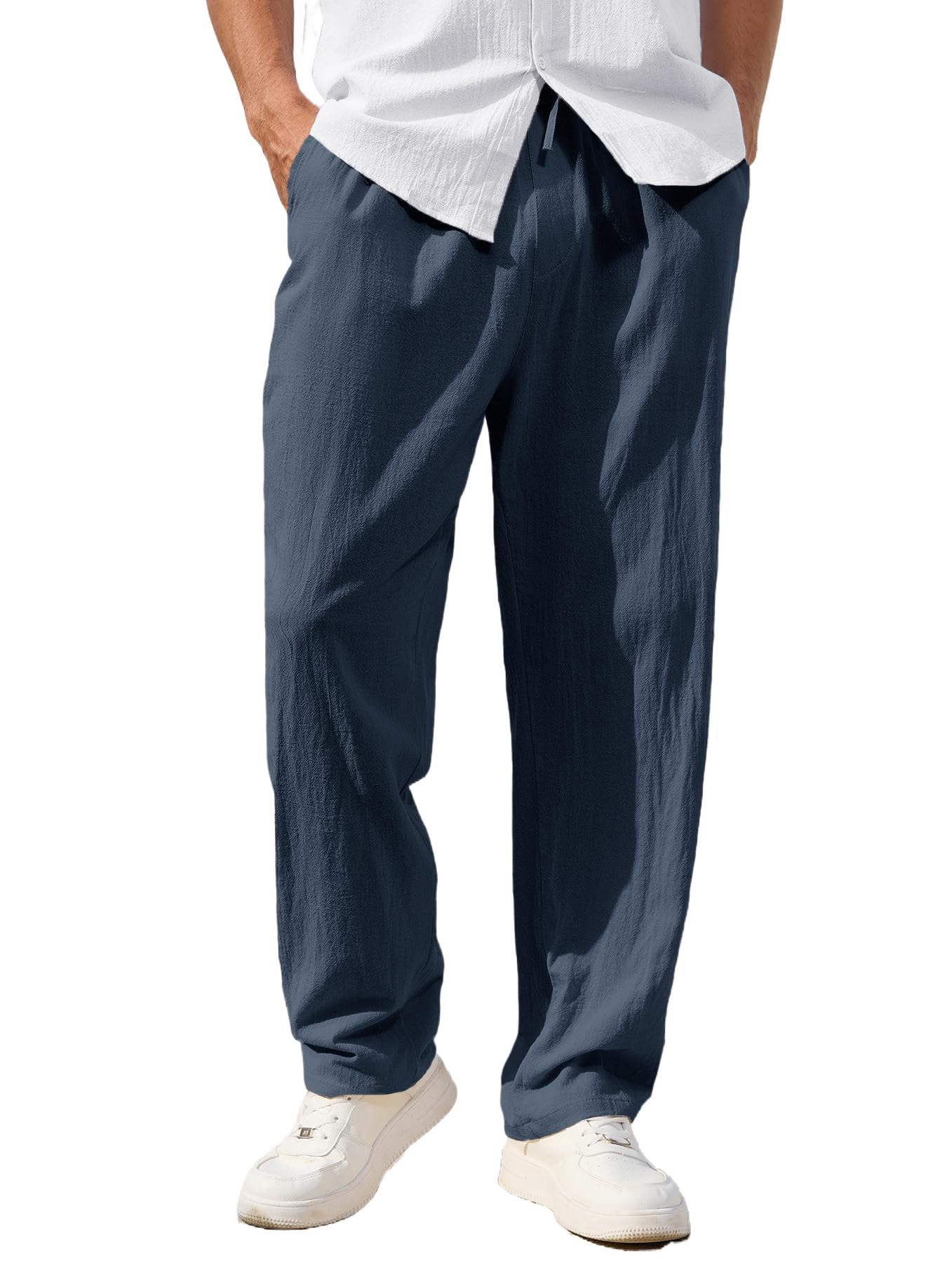 Mens Casual Linen Pants Elastic Waist Linen Pants Drawstring Summer Beach Yoga Cotton Linen Trouser