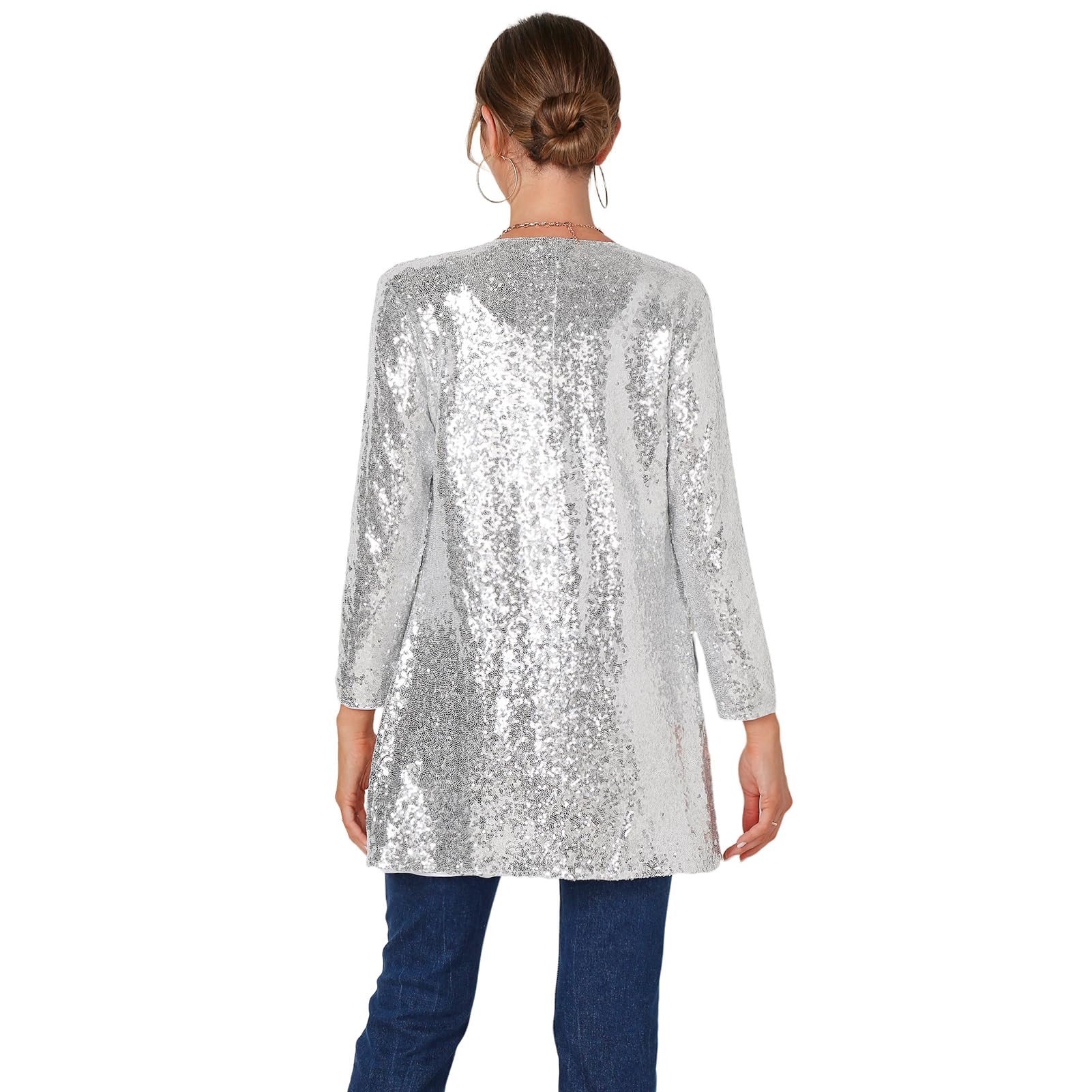 Damen Pailetten Jacke Glitzer Blazer Elegant Offene Vorne Langarm Pailetten Cardigan Festliche Strickjacke Party Club