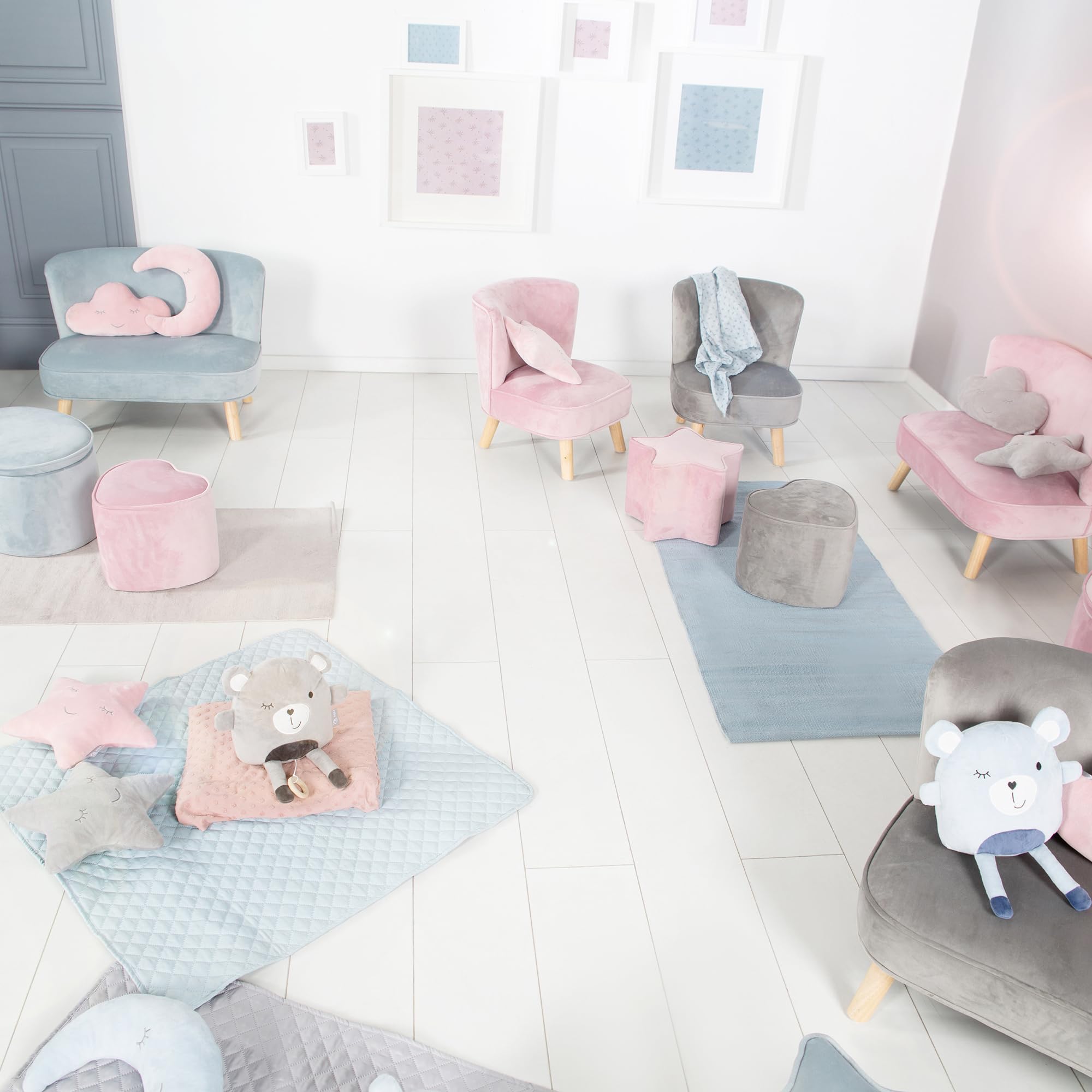 roba Fotel dziecięcy Lil Sofa - Wygodny fotel dla dziewcząt i chłopców - Stabilne drewniane nogi - Do pokoju niemowlęcego i dziecięcego - Materiał z weluru - Szary