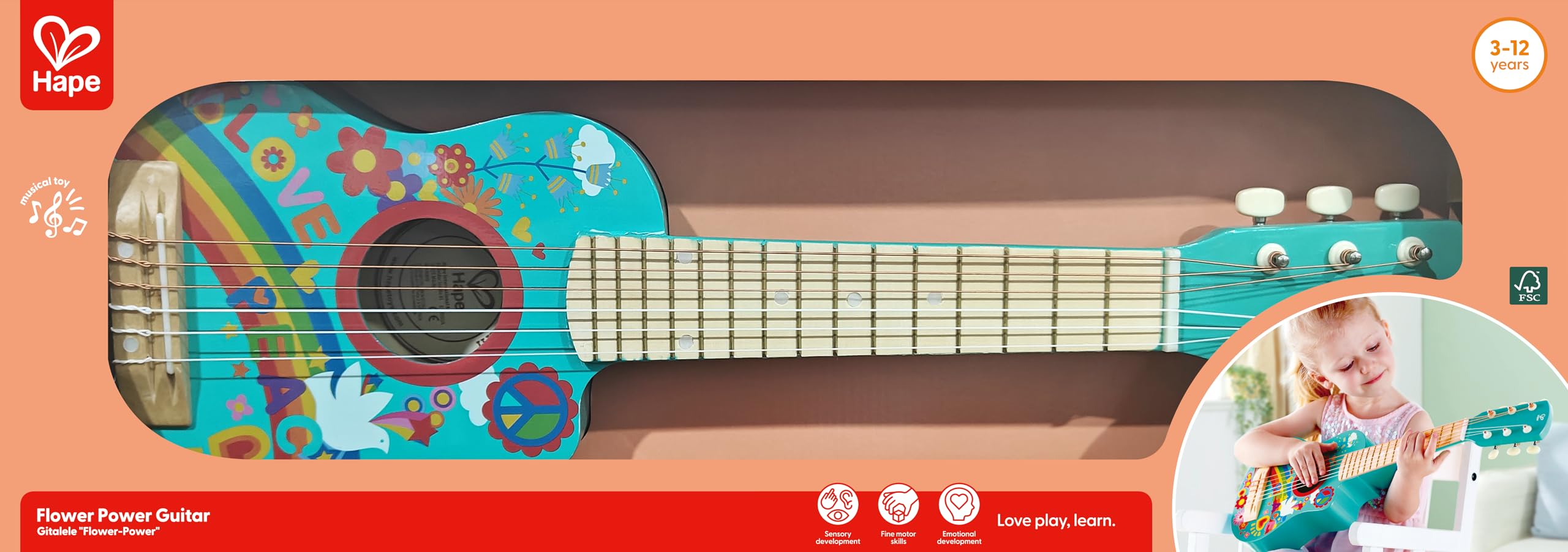 Hape - Chitarra Figli dei Fiori Blu | Strumento Giocattolo in Legno con Decorazioni Flower Power per Bambini dai 3 Anni in su