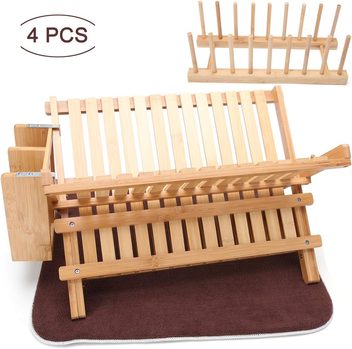 4 PCS Bamboo Dish Drying Rack Collapsible 2-Tier Bamboo dish drainer Dish Drying Mat Plate Dryer Dish/Plate/Bowl/Cup/Pot Lid/Book