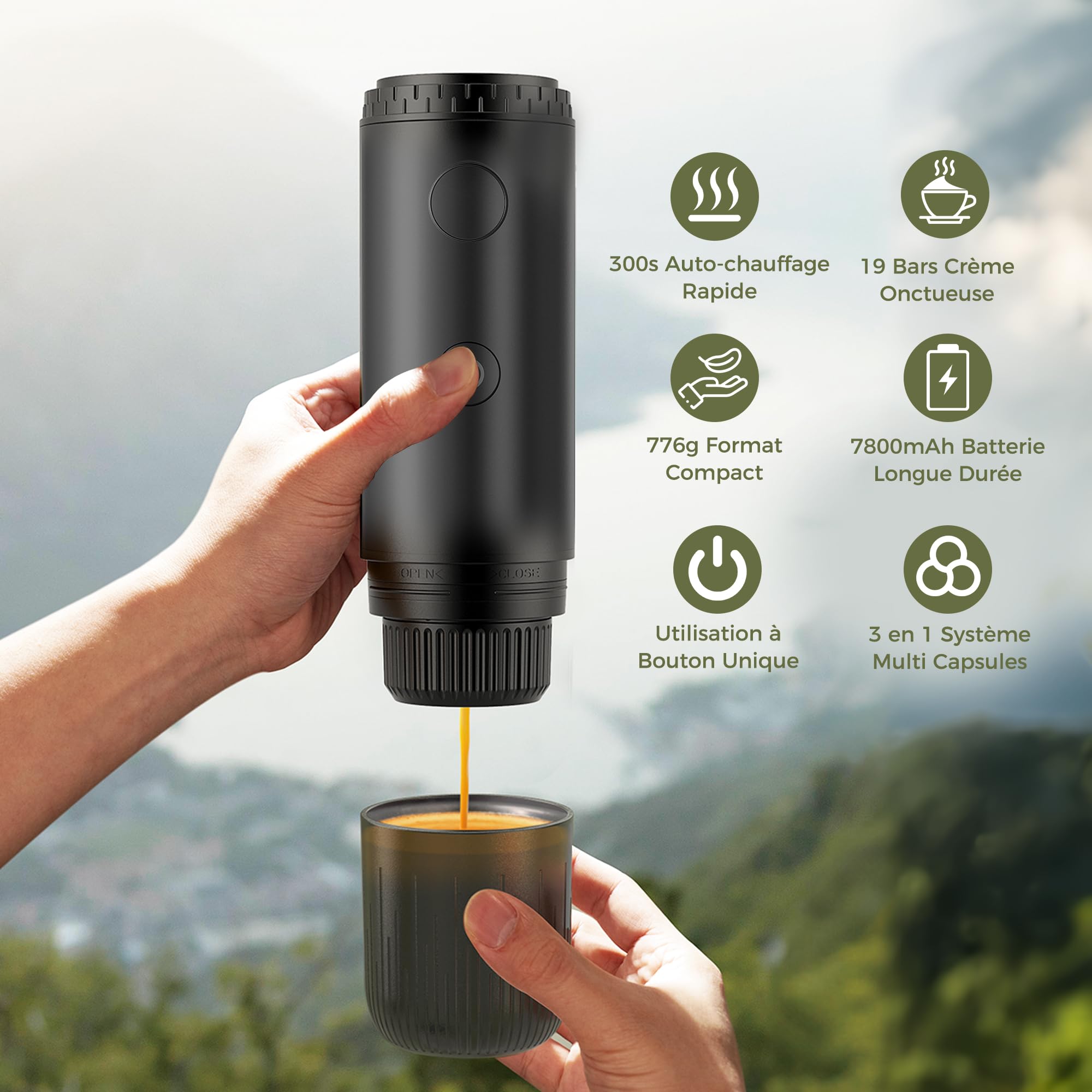 Machine à Café Portable 3 en 1, Machine à Café Expresso électrique de Voyage, Auto-Chauffante avec Charge USB-C, Compatible Café Moulu, Capsules DG & NS, Idéale pour Camping, Bureau, VR (Vert)