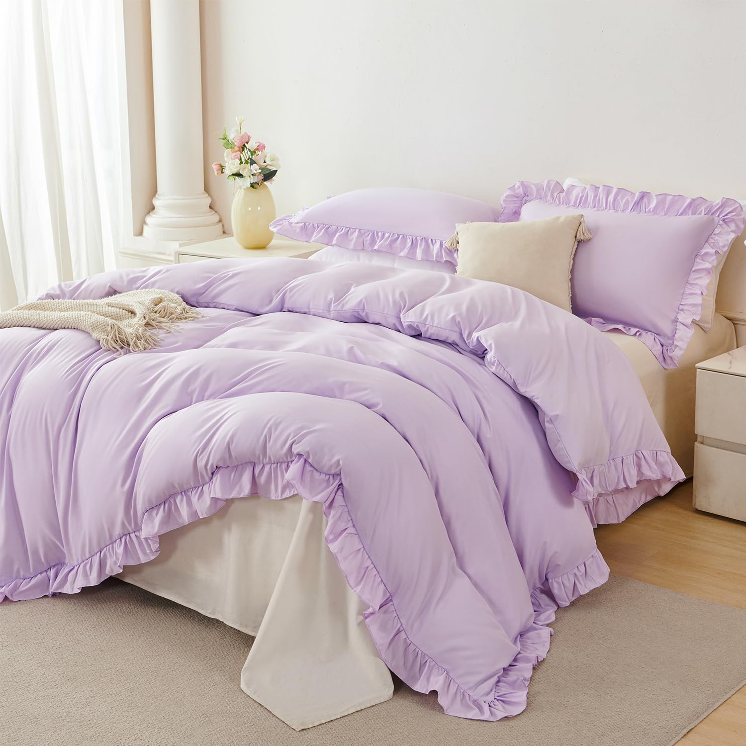 STYHO Purple Bedding Sets Single 2 Pieces Ruffle Frills Duvet Cover with Pillowcase Soft All Season Luxury Boho Vintage Quilt Cover Set with Zipper Closure, 135x200cm(Purple, Single)