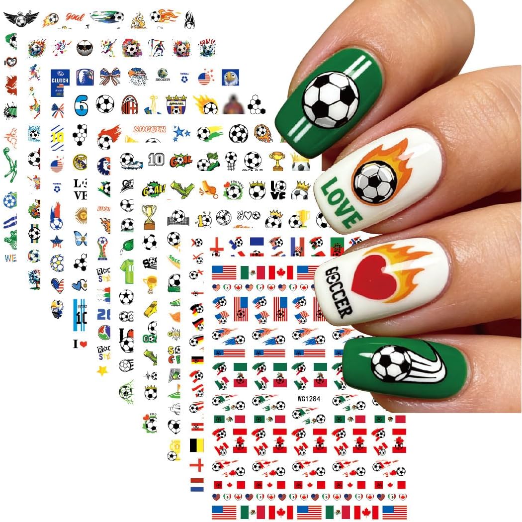 10 Sheets World Cup Soccer Sticker, 2026 Soccer Nails Art Sticker, World Cup Foot Ball Stickers, Colorful Pattern Stickers, Flag Football Nail Decals for Women Decor