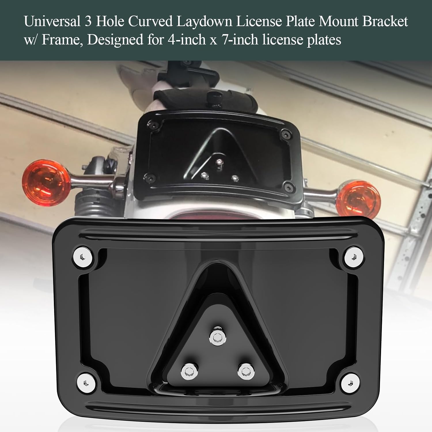 3148 Black 3 Hole Curved Laydown License Plate Mount Bracket w/Frame, Fit for All Harley Davidson Model w/Standard 3-Bolt Mounted License Plate Bracket, 02-08 VTX1800R/S/T, 03-09 VTX1300R/S/T