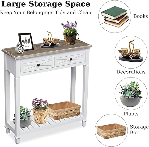 Miniatura 8 de KINTNESS Mesa consola con 2 cajones, mesa auxiliar de sofá de granja con estantes para entrada, sala de estar, pasillo, color blanco