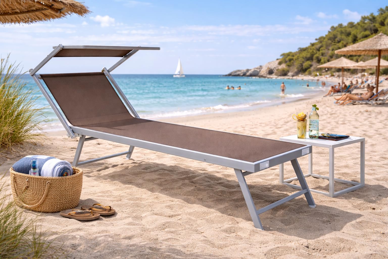 Bricozone Lettino Pieghevole Prendisole in Alluminio e Tessuto Textilene Professionale con Tettuccio Parasole Orientabile 182 x 60 x 38 cm Sdraio per Mare Spiaggia Piscina Giardino Tortora