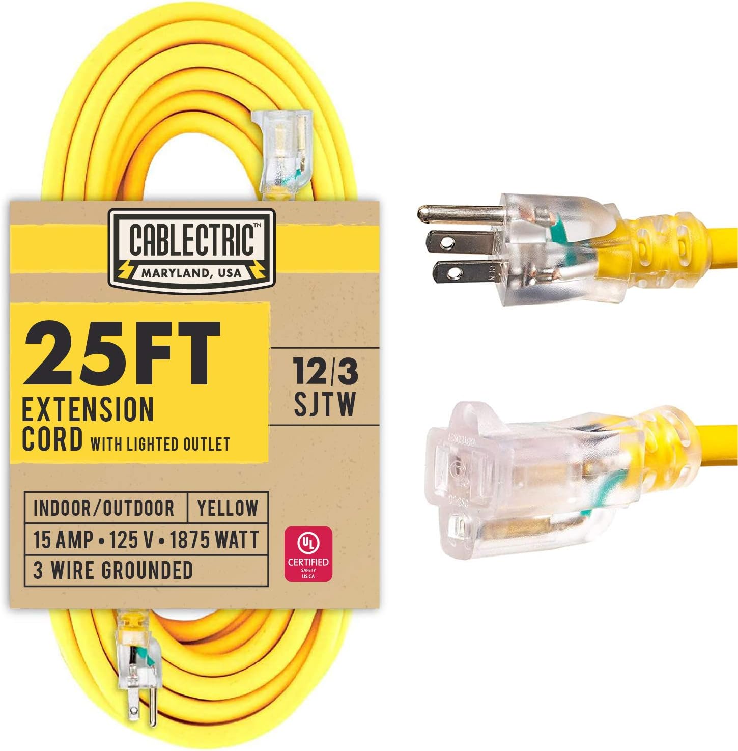 Cablectric 25 Ft Outdoor Extension Cord 15 Amp 12/3 SJTW Heavy Duty